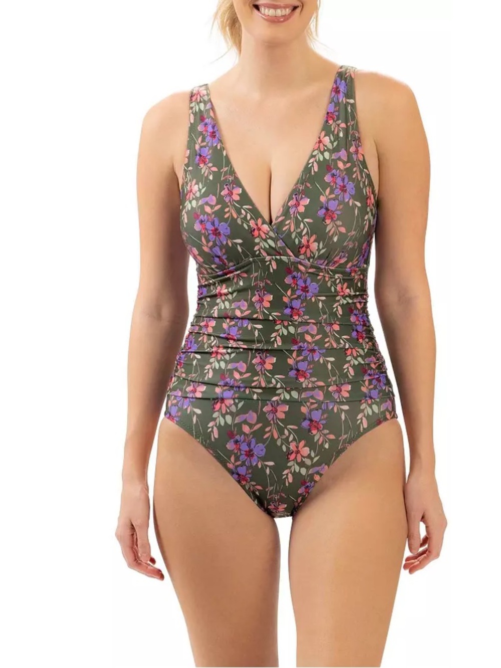 Dolfin Aquashape Floral One Piece Swimsuit Green Ruched Tummy Control | 12 | NWT